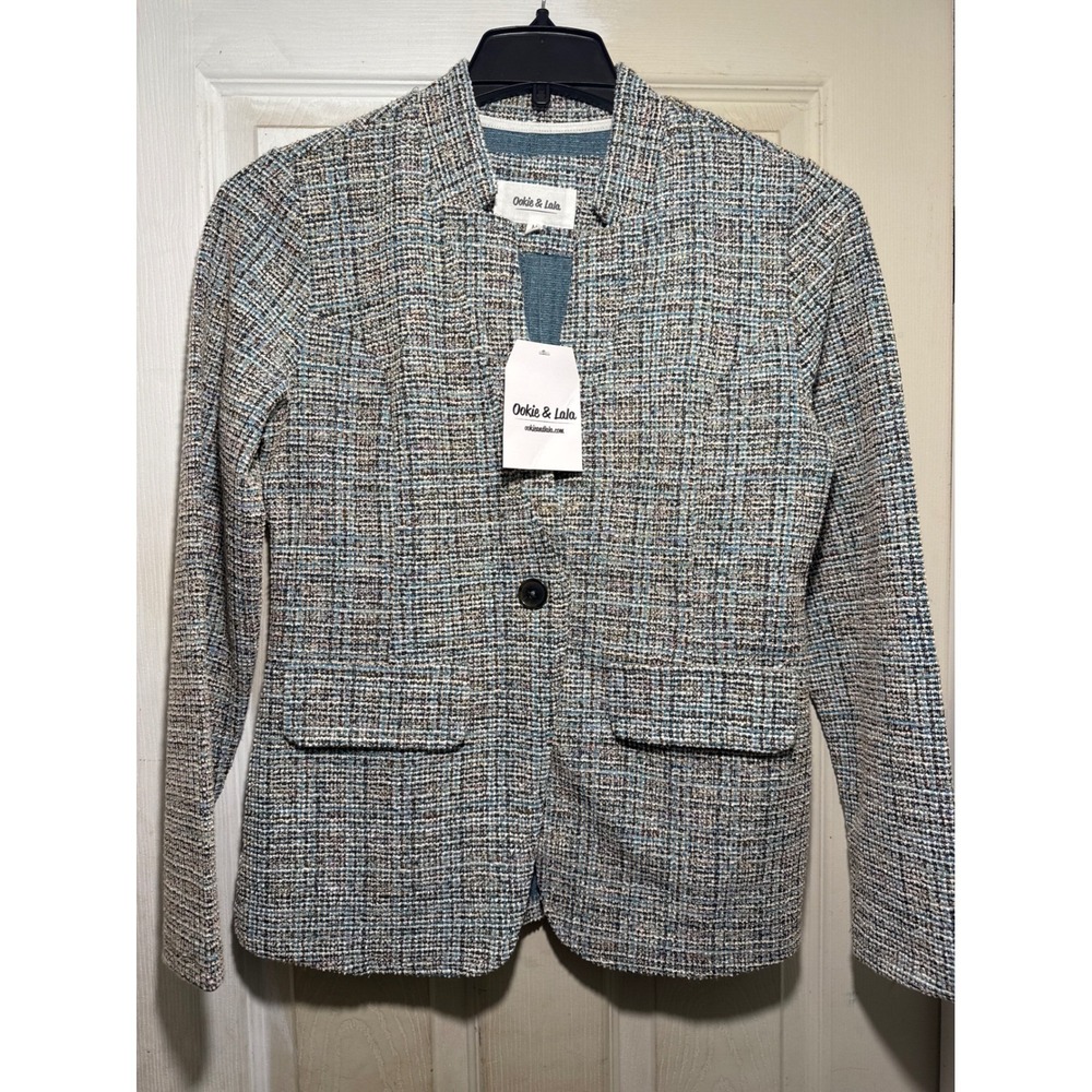Ookie & Lala Women Textured Blazer Jacket‎ Single Button Teal Blue Multi Color M
